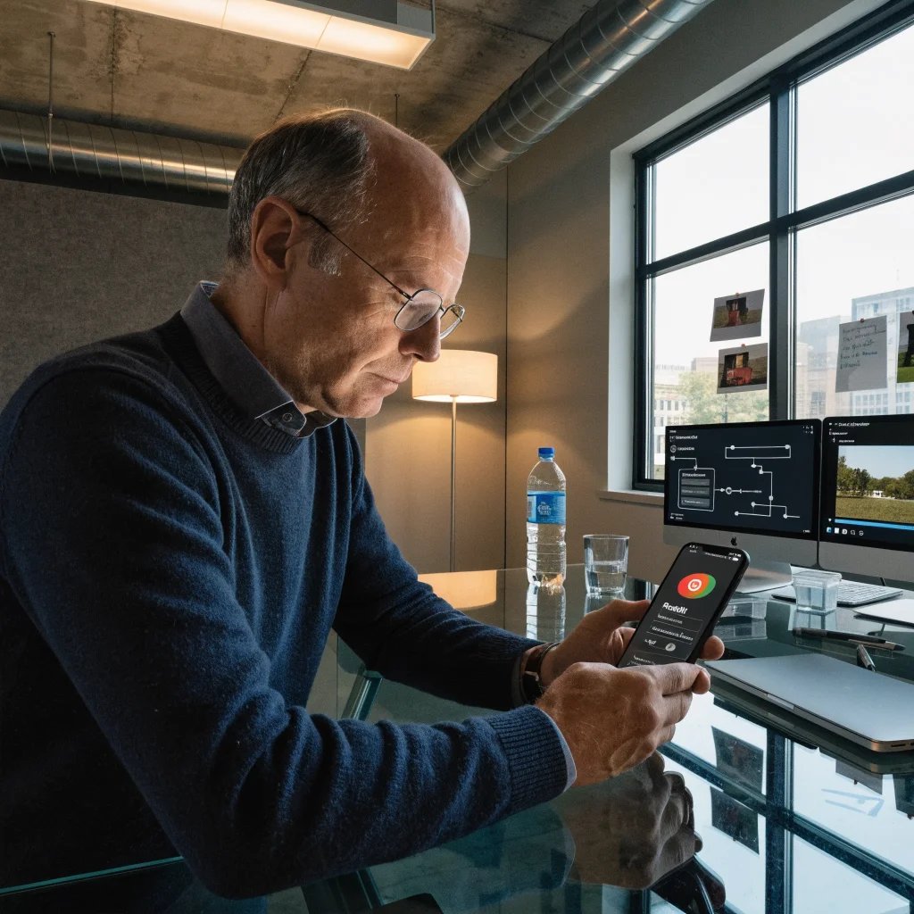 Realistic photo of Steve Huffman using a smartphone to log into an updated Reddit app featuring AI-driven feed algorithms in a modern office setting.