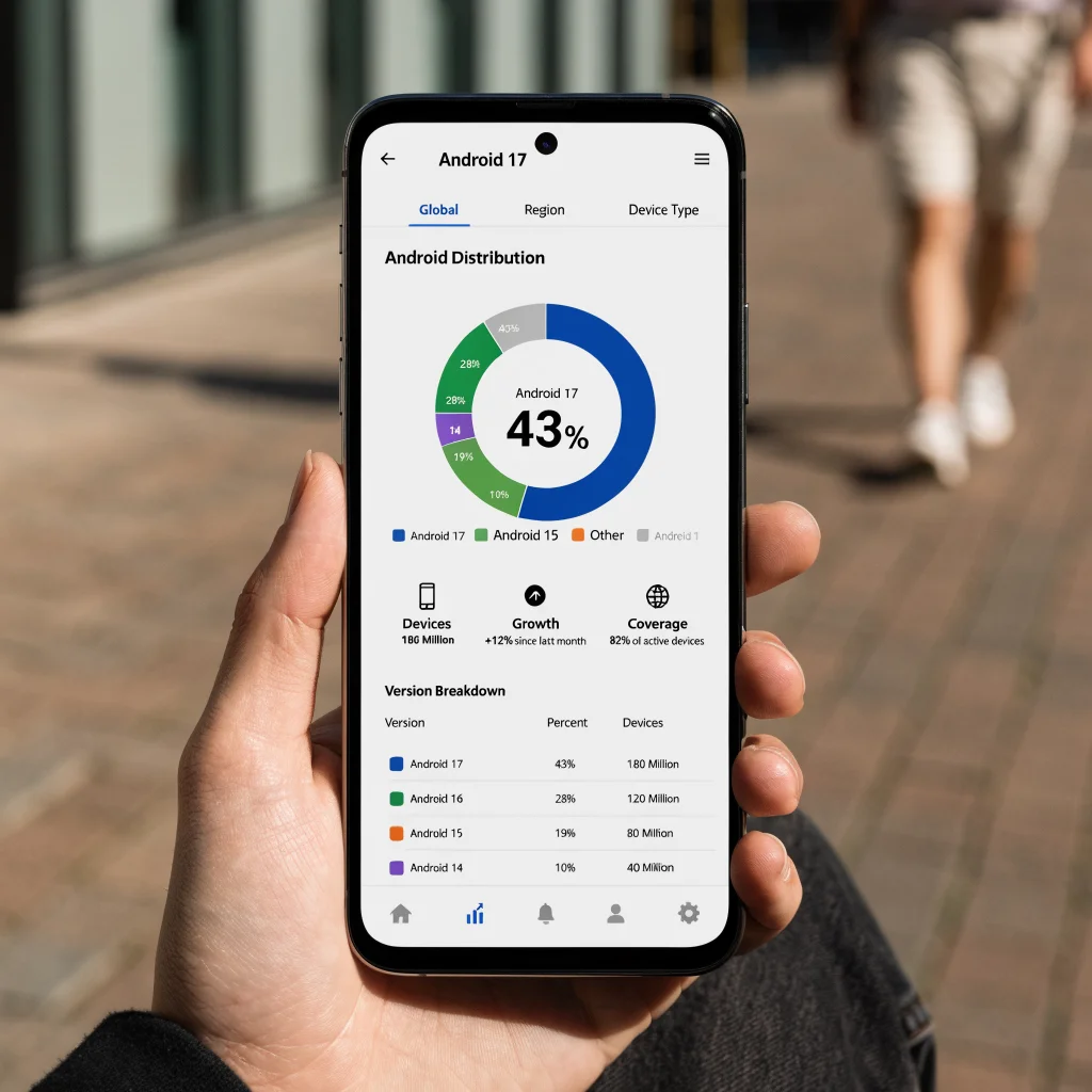 A realistic photo of a smartphone screen showing detailed Android OS version statistics highlighting increased adoption of Android 17 among active devices.