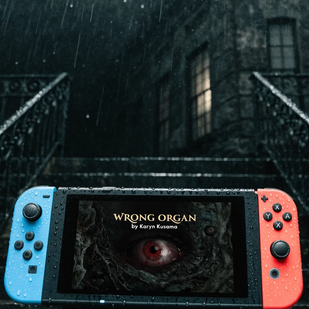 A close-up of a Nintendo Switch displaying an indie horror game called Wrong Organ by Karyn Kusama, set in a dark, eerie atmosphere with unsettling visuals.