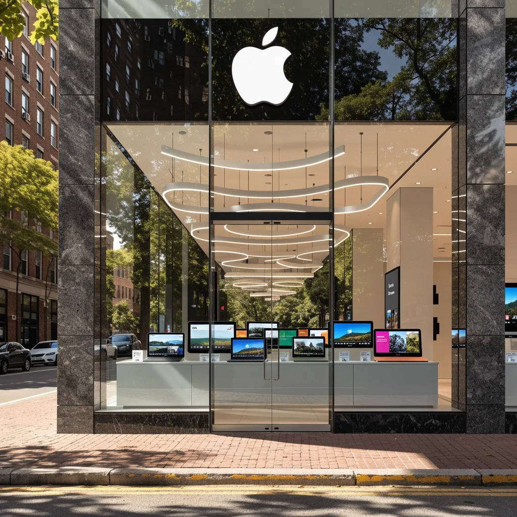 A realistic photo of a modern Apple retail store showcasing the latest Apple devices with increased RAM and updated price tags displayed for October 2026 releases.