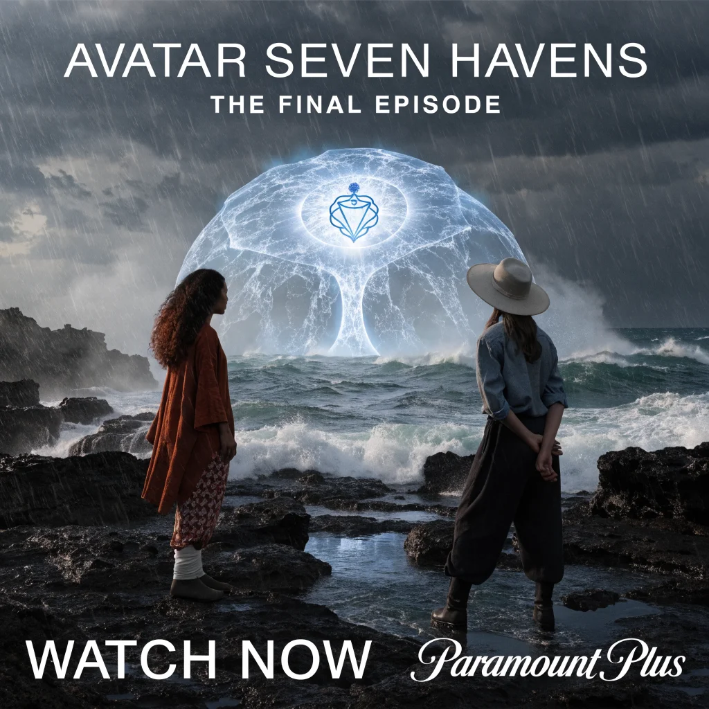 A realistic photo showing the final episode scene of Avatar Seven Havens with an energy dome and root chakra symbol, highlighting Nisa and Pavi, from Paramount Plus.