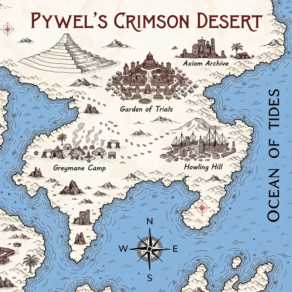 A detailed map of Pywel's Crimson Desert highlighting key locations like Garden of Trials, Axiom Archive, Greymane Camp, and Howling Hill in a shipbuilding village.