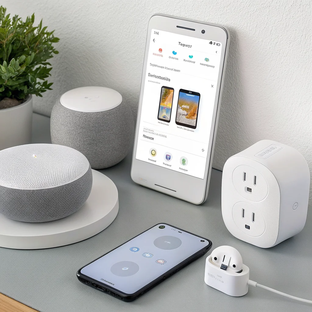 A smart home setup showcasing updated Google Nest devices with enhanced sound, Matter smart plugs, Chromecast with Google TV HD, Nest Wifi router, and Google Home app on a smartphone.