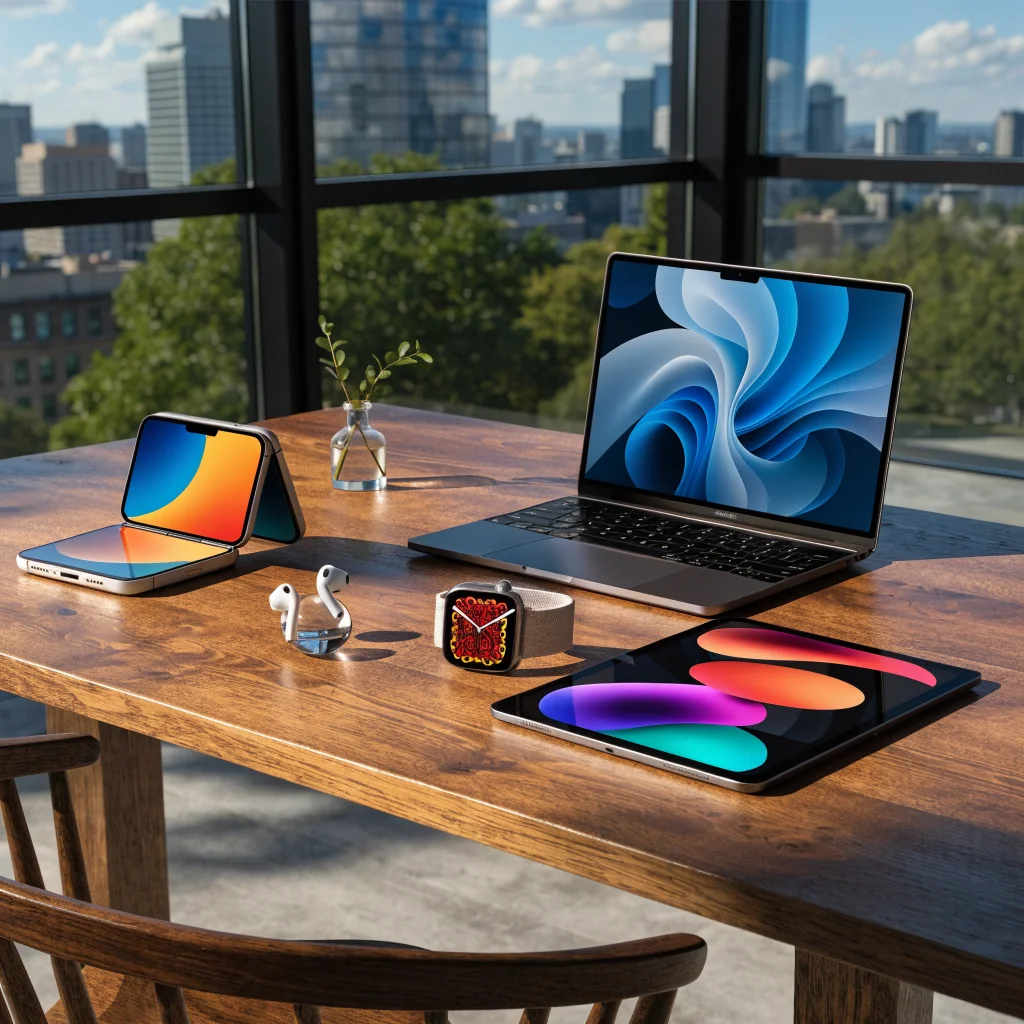 A realistic photo of the latest Apple devices including the foldable iPhone Duo, new AirPods Pro, Apple Watch Series 12, MacBook Neo, and iPad Pro on a modern desk.