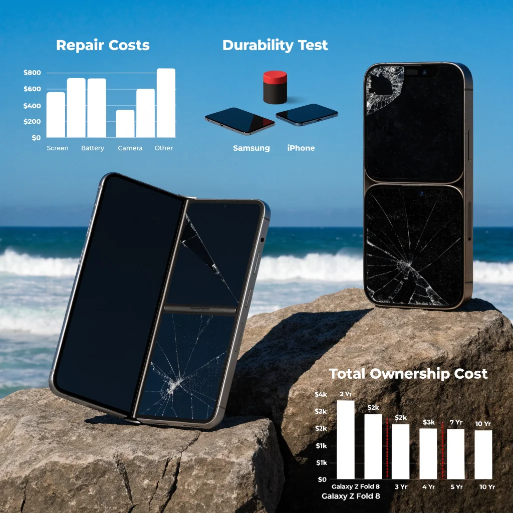 A detailed comparison photo showing Samsung Galaxy Z Fold 8 and iPhone Duo phones with repair costs, durability tests, and total ownership expenses charts.