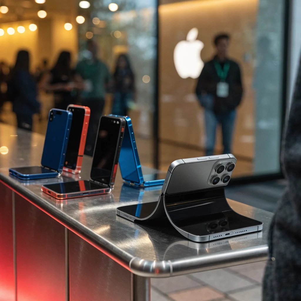A realistic photo of a new foldable iPhone Duo displaying its flexible screen next to traditional Android foldable smartphones during an Apple September launch event.
