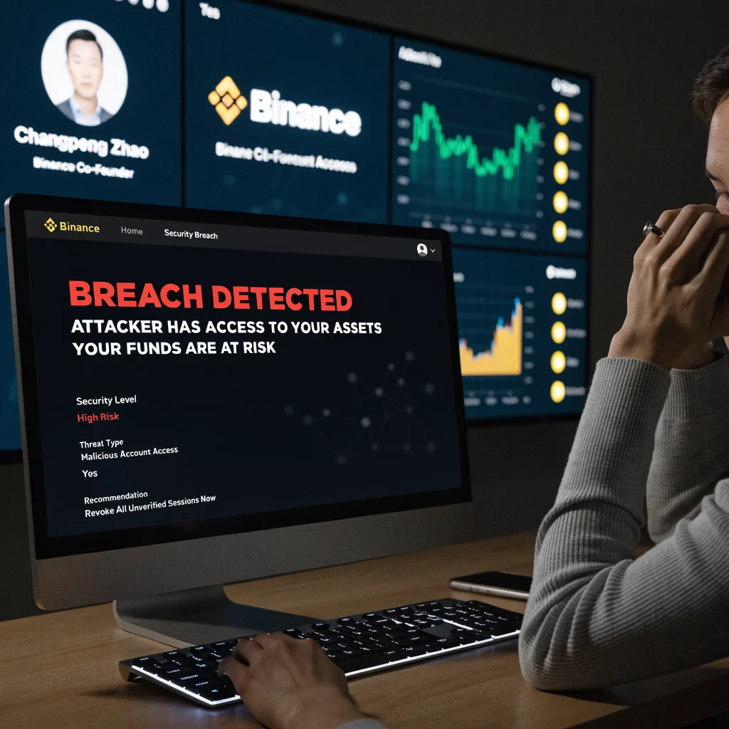 A realistic photo of a computer screen displaying a cybersecurity breach alert on Binance with digital assets and Changpeng Zhao’s profile in the background.
