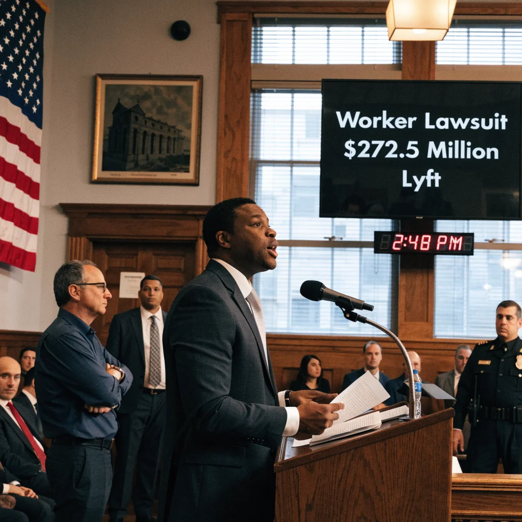 A courtroom scene showing a serious legal dispute over $272.5 million worker lawsuit against Lyft regarding employee classification in California labor law.
