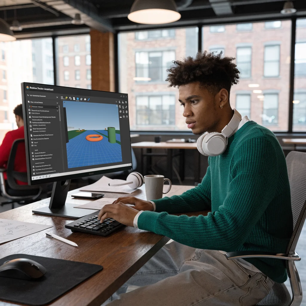 A realistic photo of a game developer using Roblox Studio Assistant with AI tools to create a game in Roblox Studio on a modern computer screen.