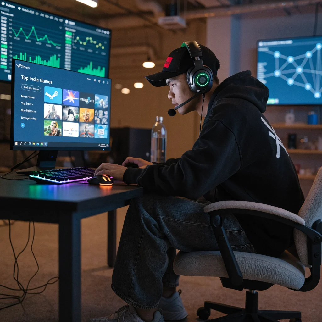 A realistic photo of a gamer playing indie PC games on Steam with Asian market charts and AI technology elements in the background.