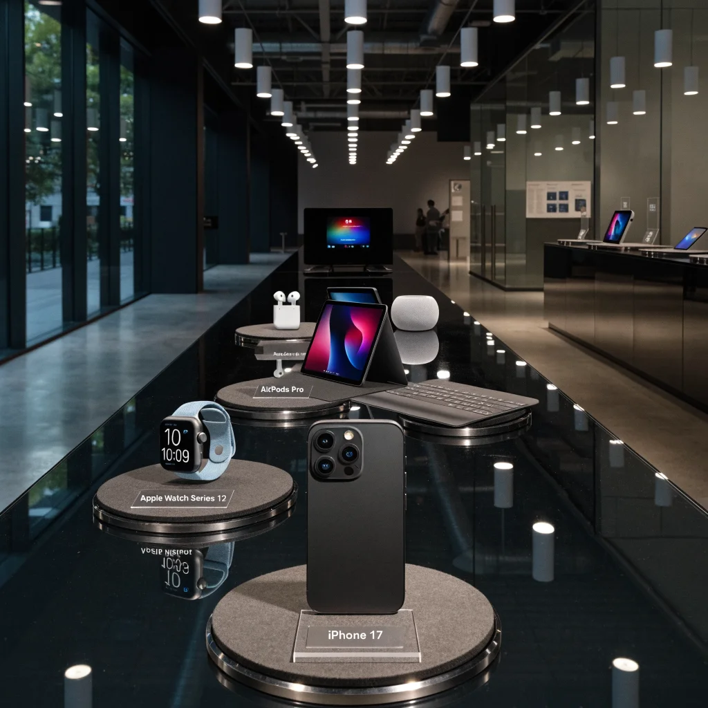 A sleek modern Apple store display showcasing iPhone 17, Apple Watch Series 12, MacBook Neo, iPad Pro, AirPods Pro, Apple TV 4K, and HomePod mini under bright lights.