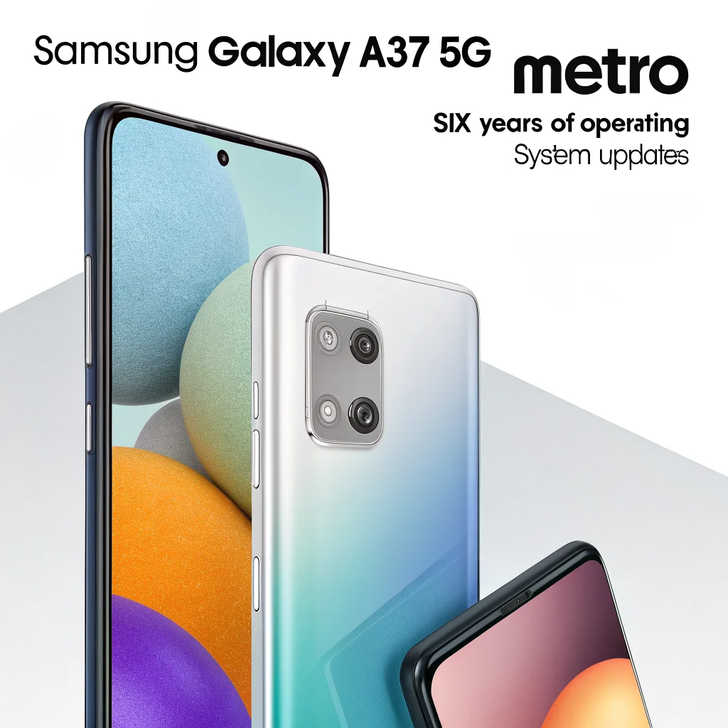 A Samsung Galaxy A37 5G smartphone with a Super AMOLED screen, triple camera, 6GB RAM, 5000mAh battery, shown alongside Metro branding highlighting six years of OS updates.
