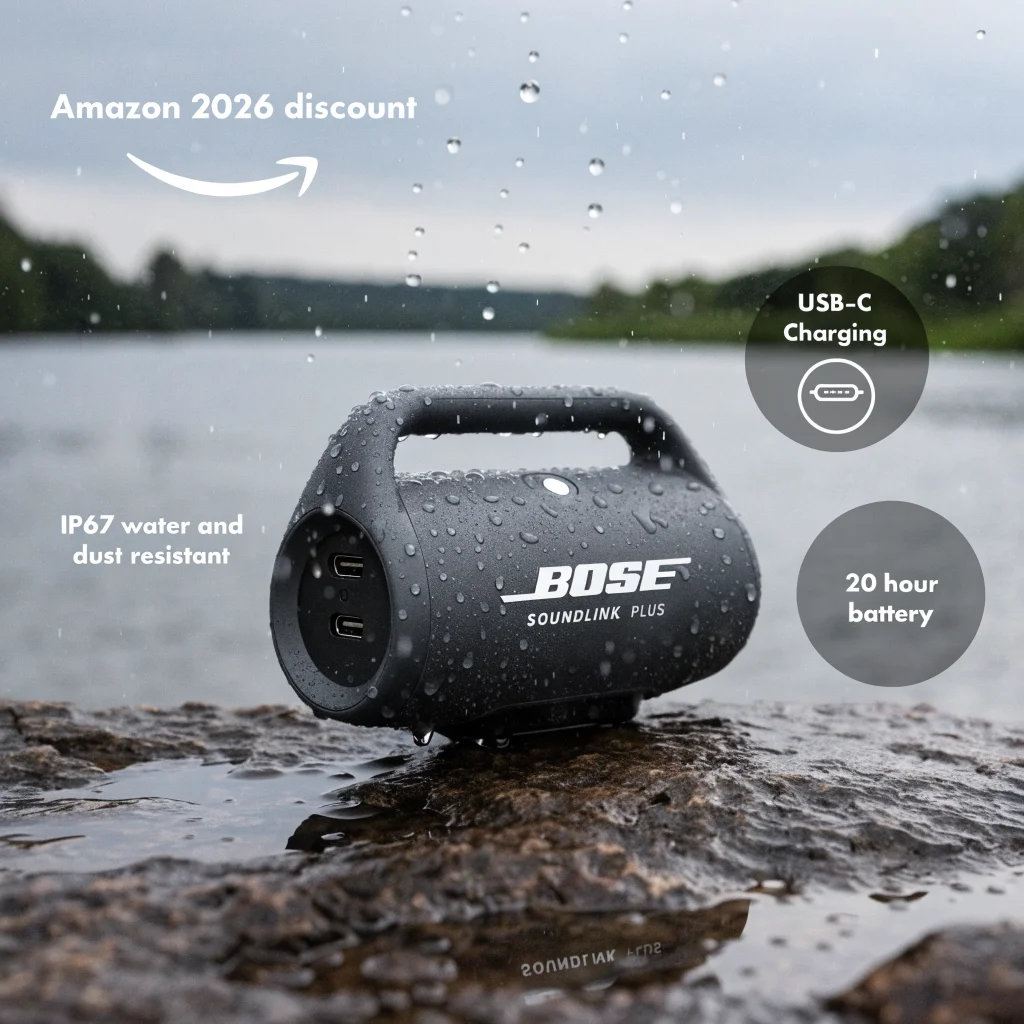 A rugged Bose SoundLink Plus Bluetooth portable speaker with IP67 water and dust resistance, 20-hour battery, powerful sound, USB-C charging, shown with Amazon 2026 discount label.