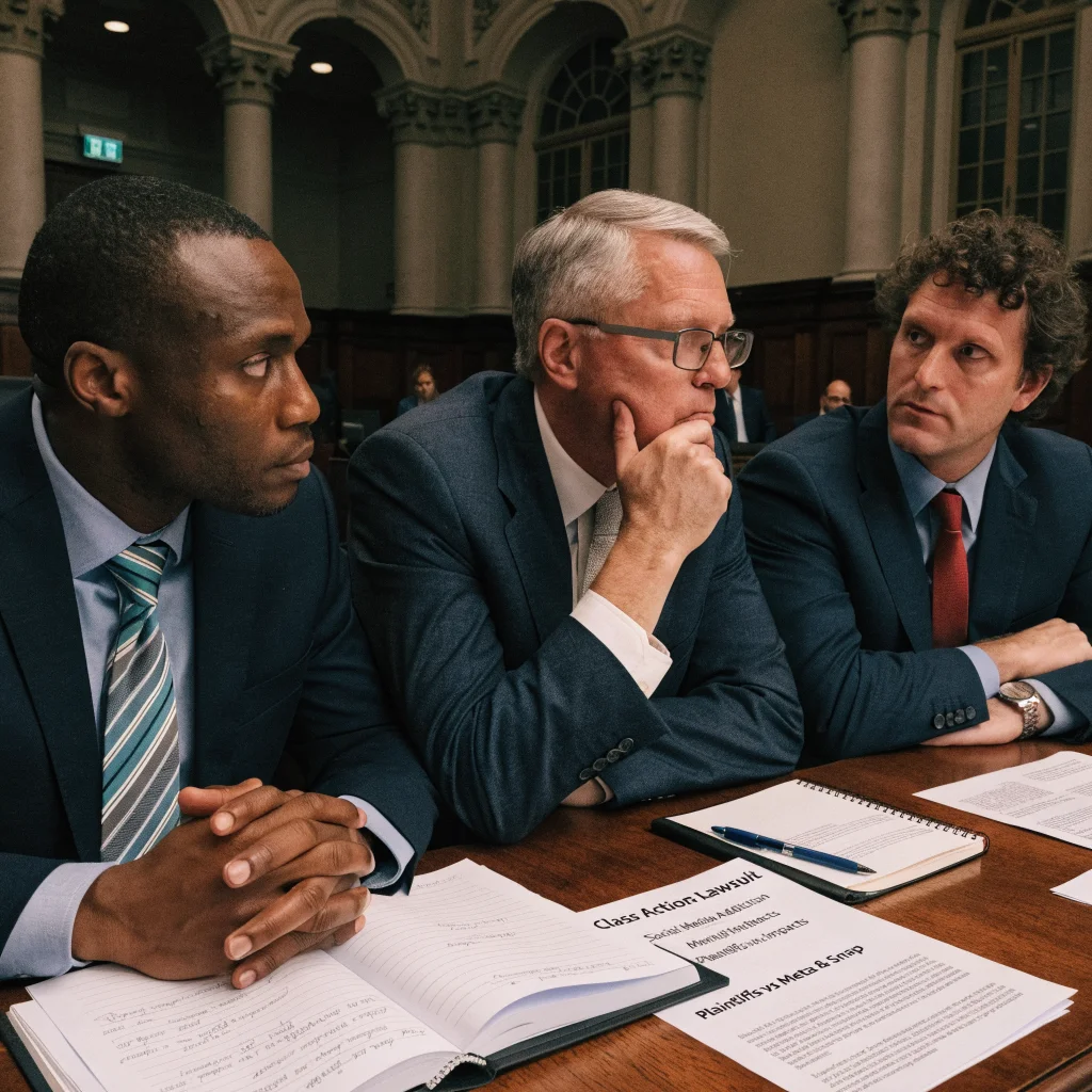 A courtroom scene showing lawyers discussing a lawsuit about social media addiction involving Meta and Snap, highlighting legal challenges and mental health impacts.
