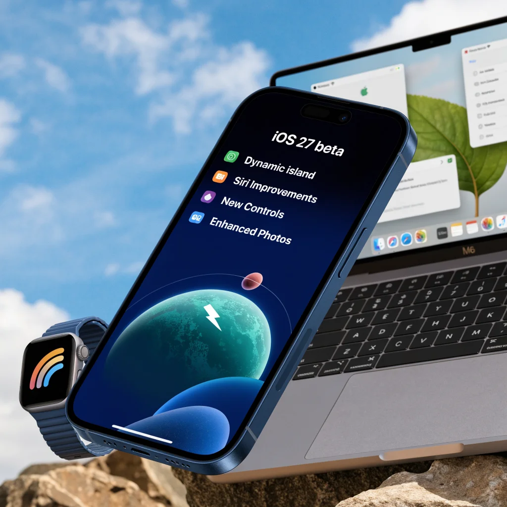 A close-up of an iPhone 15 Pro screen showing iOS 27 beta features, with a MacBook Pro M6 and Apple Watch Ultra 4 in the background.