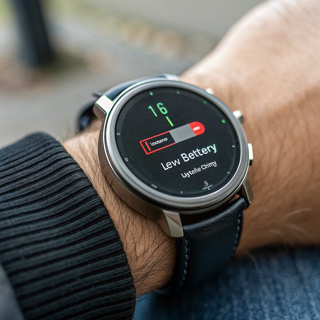 A close-up photo of a Pixel Watch on a wrist showing a low battery warning, highlighting smartwatch battery issues during daily use.