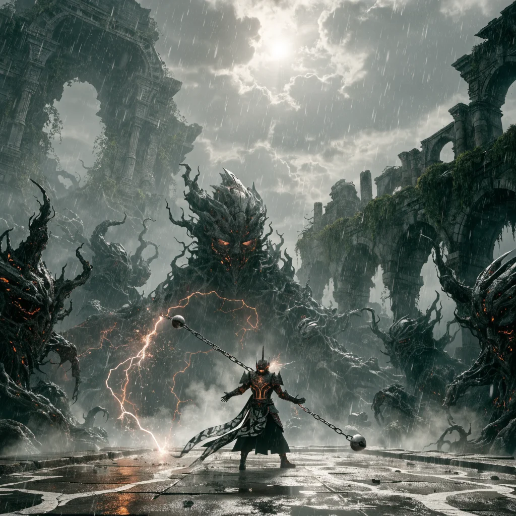 A futuristic fantasy RPG scene in Soulframe’s Prelude 17 Open Alpha, showing Midrath cleansing Corruption with a sci-fi bola in the Verse of the Veilands.