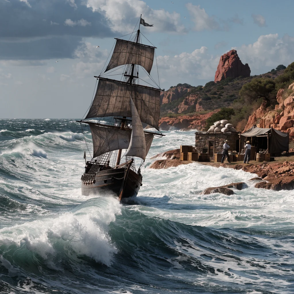 A realistic photo of a pirate ship sailing near a coastal camp with workers managing funds and dispatch missions in the Crimson Desert game environment.