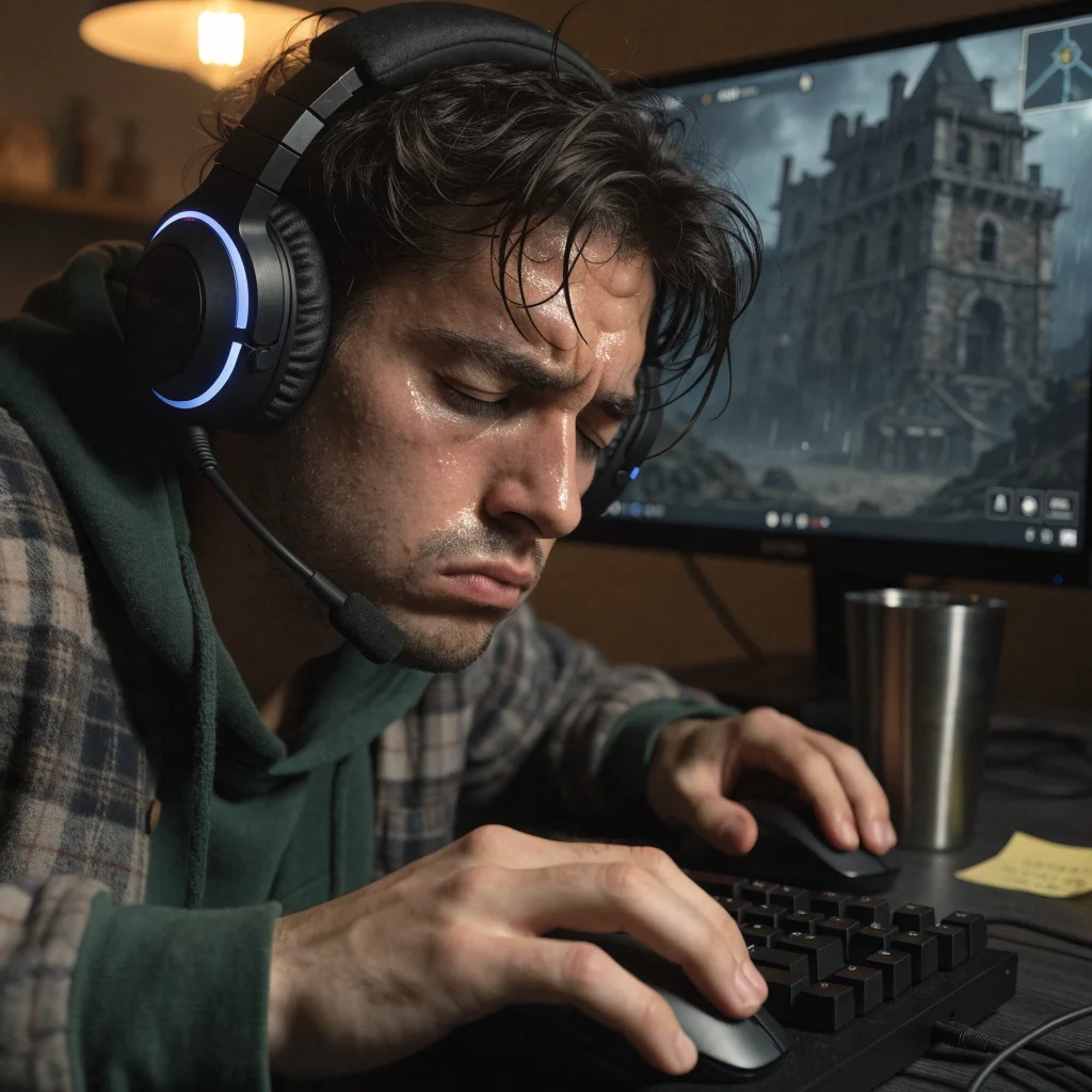 A close-up of a gamer intensely playing an RPG with dark fantasy influences, showing emotional exhaustion and a tragic narrative inspired by Elden Ring.