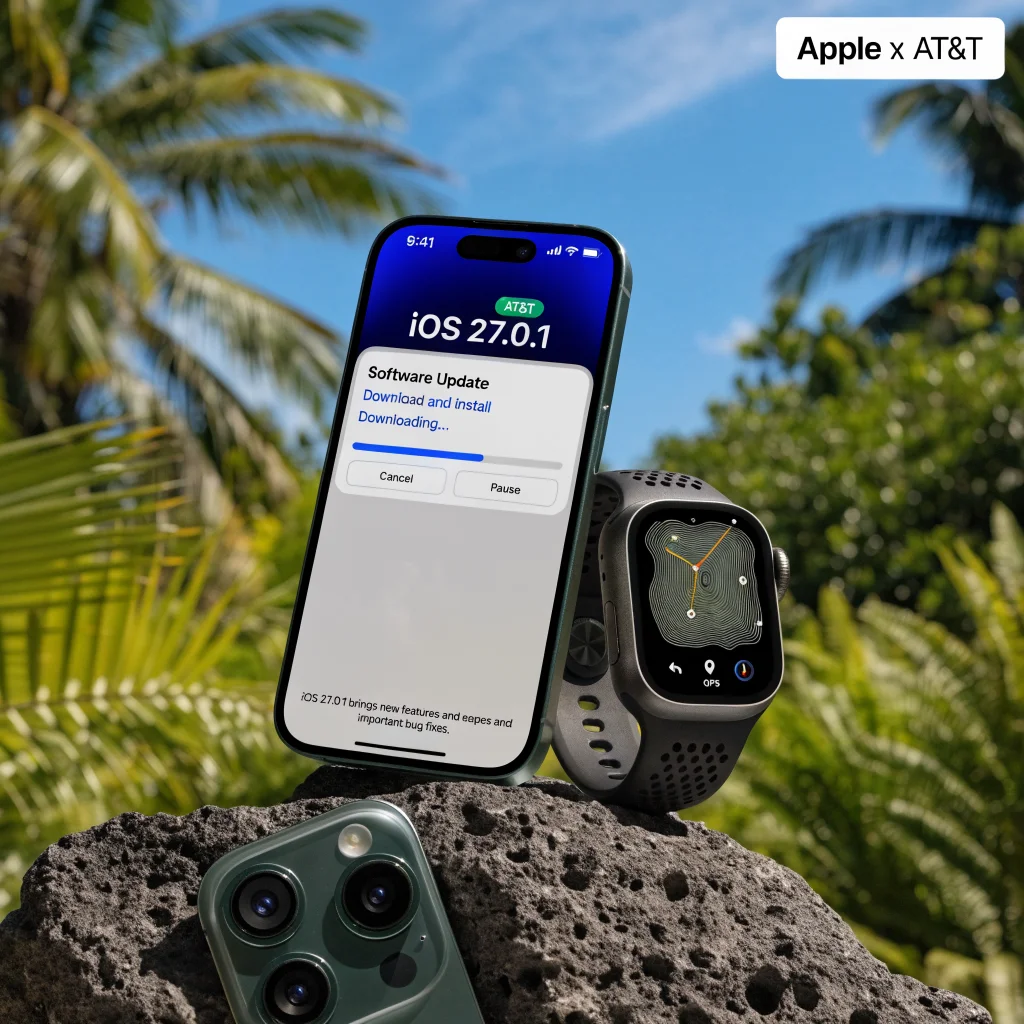 A close-up photo of an iPhone 18 Pro Max displaying iOS 27.0.1 update notification with Apple Watch Ultra 4 nearby, highlighting Apple and AT&T collaboration.