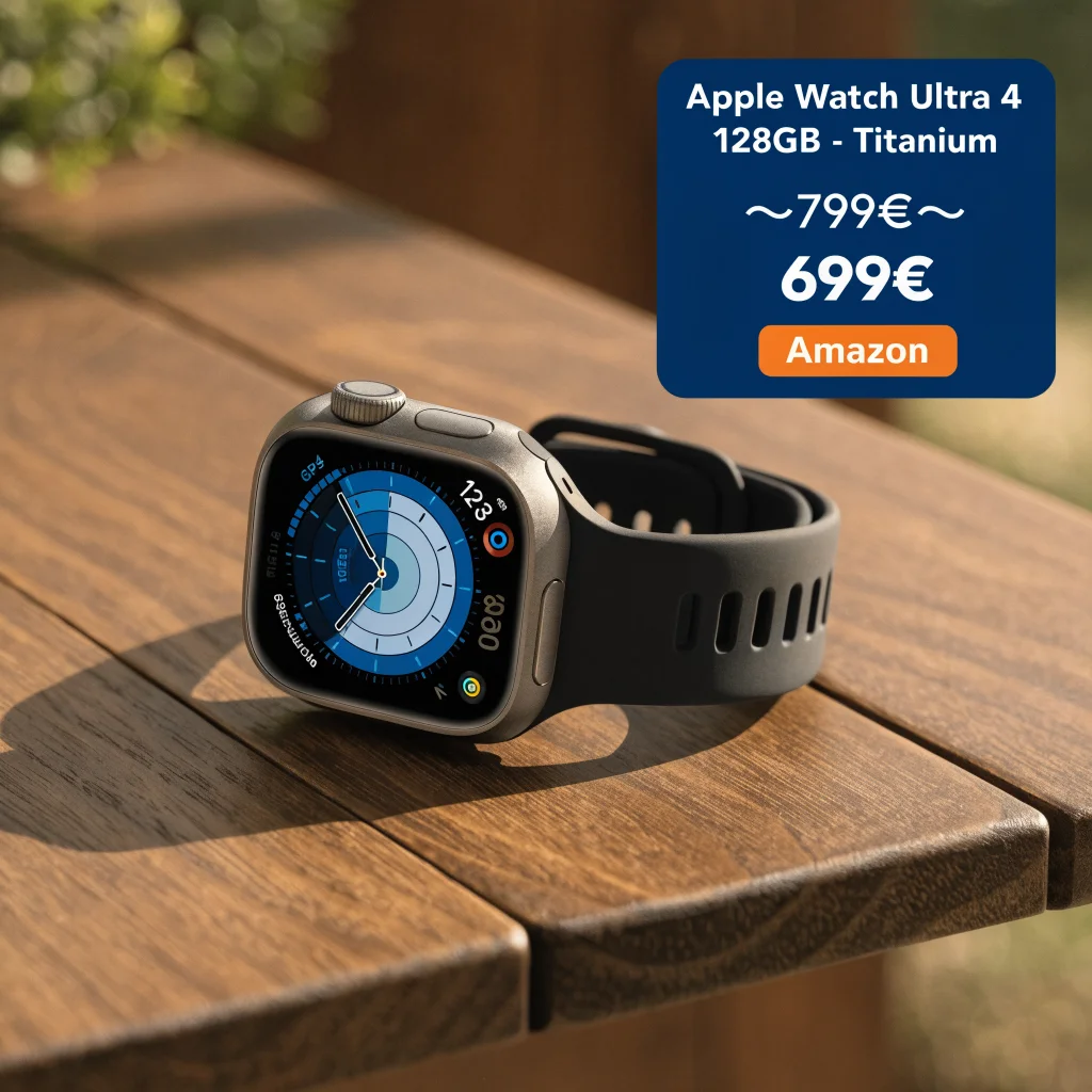 A sleek Apple Watch Ultra 4 titanium smartwatch on a wooden table alongside a price tag showing a discounted price of 699 euros from Amazon.