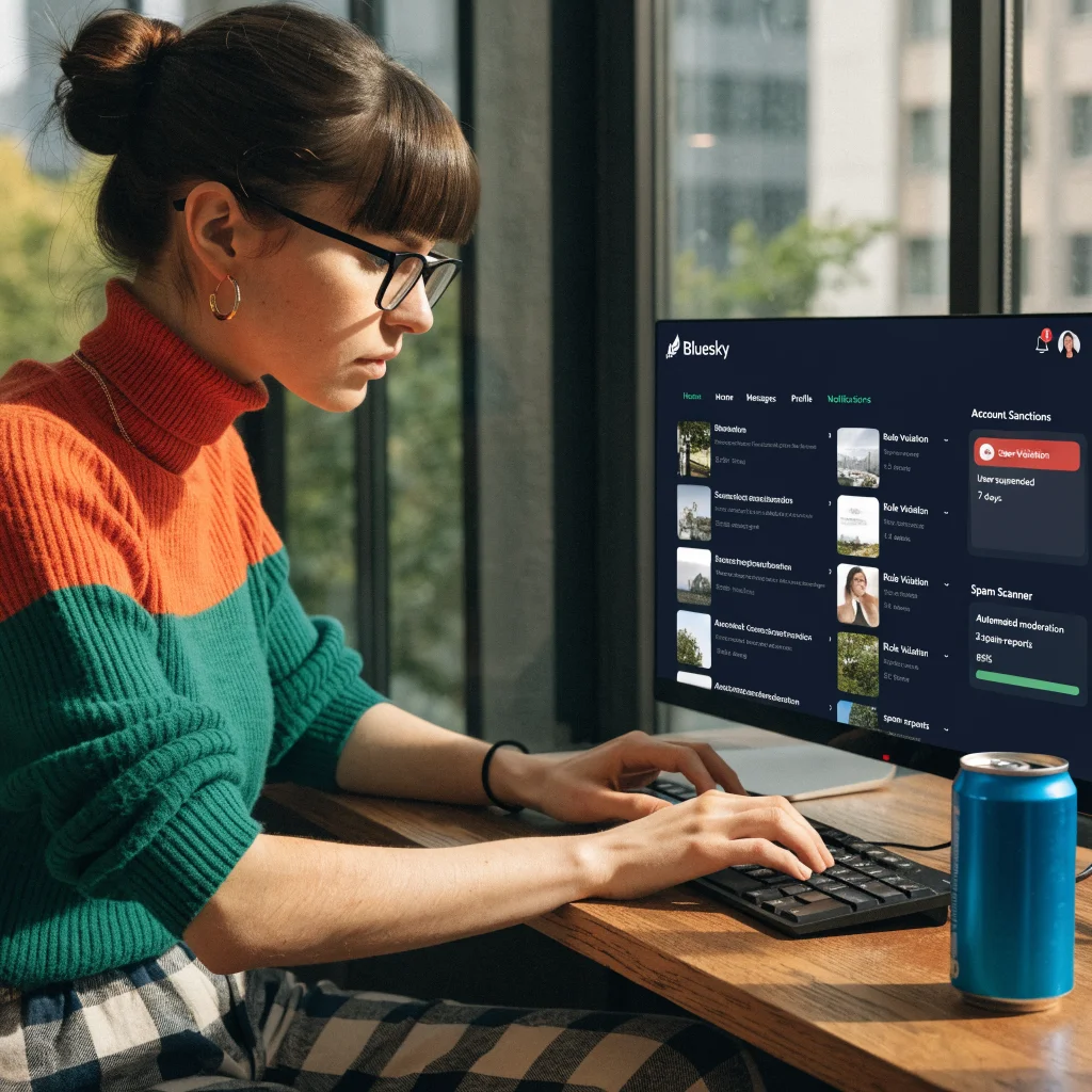A realistic photo of a user managing content on Bluesky's beta platform with notifications, account sanctions, and automated spam system visible on the screen.