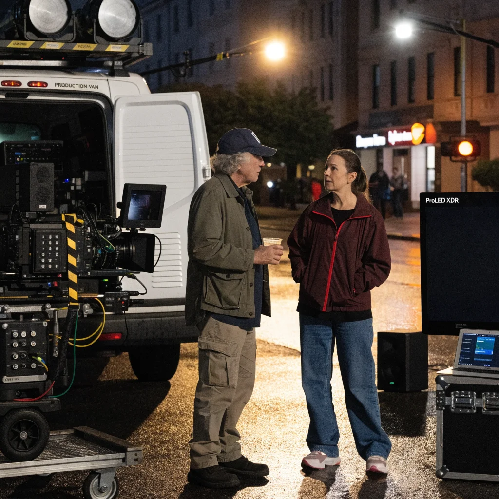 Realistic photo of Vince Gilligan and Rhea Seehorn filming season 2 of Pluribus in Albuquerque with Apple MacBook Pro 2026 and ProLED XDR display on set.