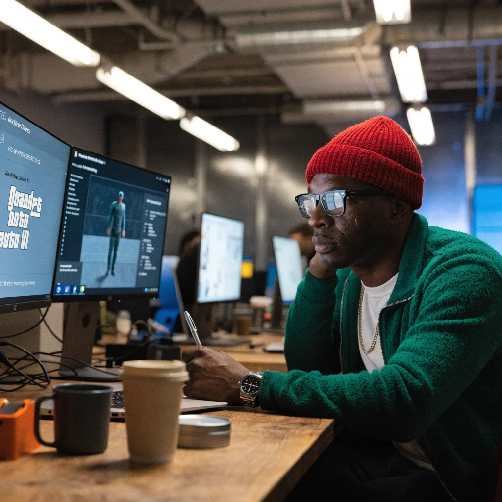 A realistic photo of a game developer working on GTA 6 at Rockstar Games, highlighting detailed animations and innovative sweat system for NPCs on PS5 and Xbox Series X|S.