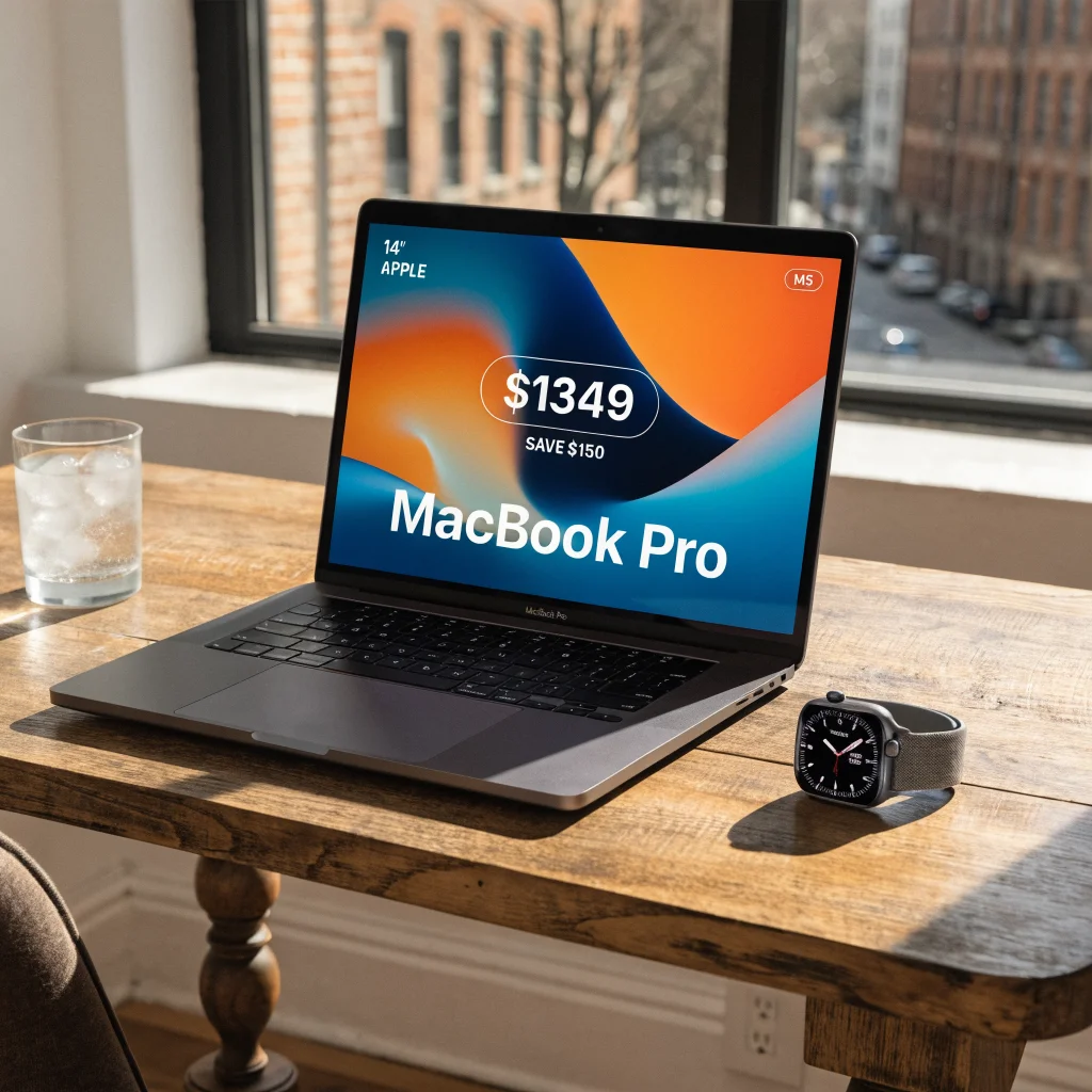 Realistic photo of a 14-inch Apple M5 MacBook Pro on a desk, showcasing a discounted price tag of $1349, alongside an Apple Watch Series 12.