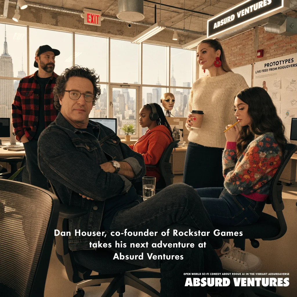Dan Houser at new Rockstar Games studio Absurd Ventures creating open-world sci-fi comedy game about rogue AI in vibrant Absurdaverse, with marketing team.