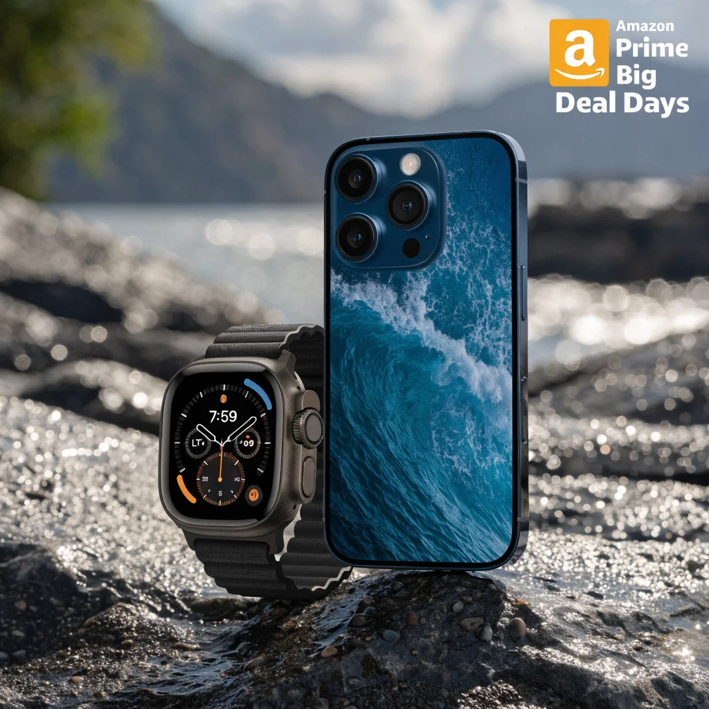 A realistic photo of the Apple Watch Ultra 4 and iPhone 18 Pro displayed together with Amazon Prime Big Deal Days sale banners in the background.