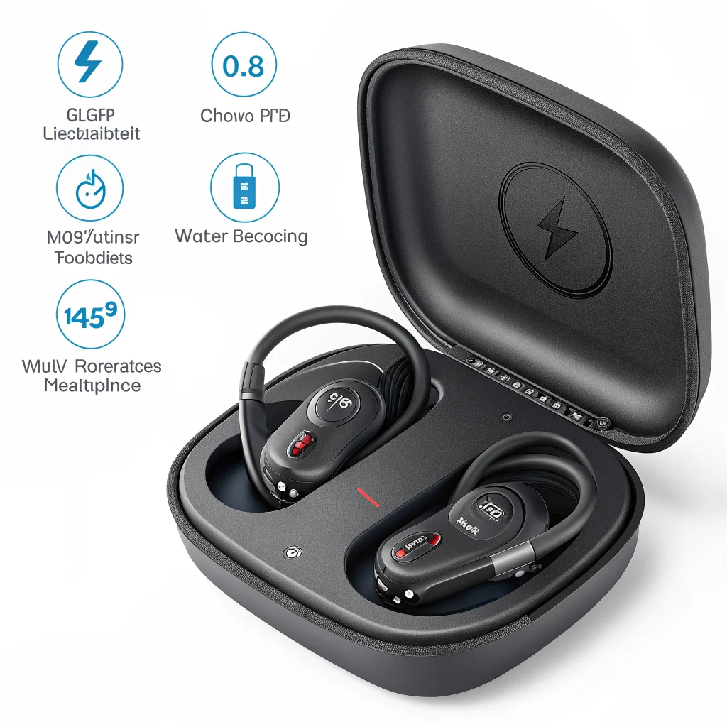 A realistic photo of the CMF Clip Pro lightweight open-ear Bluetooth headphones with four microphones, showing their charging case and water resistance rating.