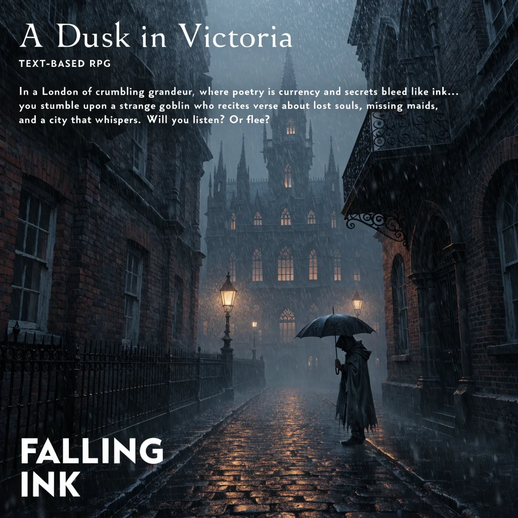 A Victorian London-inspired text-based RPG scene with gothic architecture, a mysterious goblin poet, and immersive storytelling elements from Fallen London and Baldur's Gate 3.