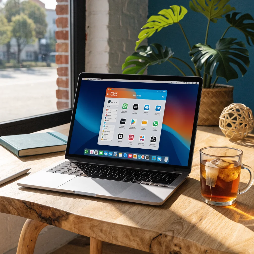 A realistic photo of a MacBook running Android apps smoothly on macOS, showcasing the new Mac.apk project interface on the screen.