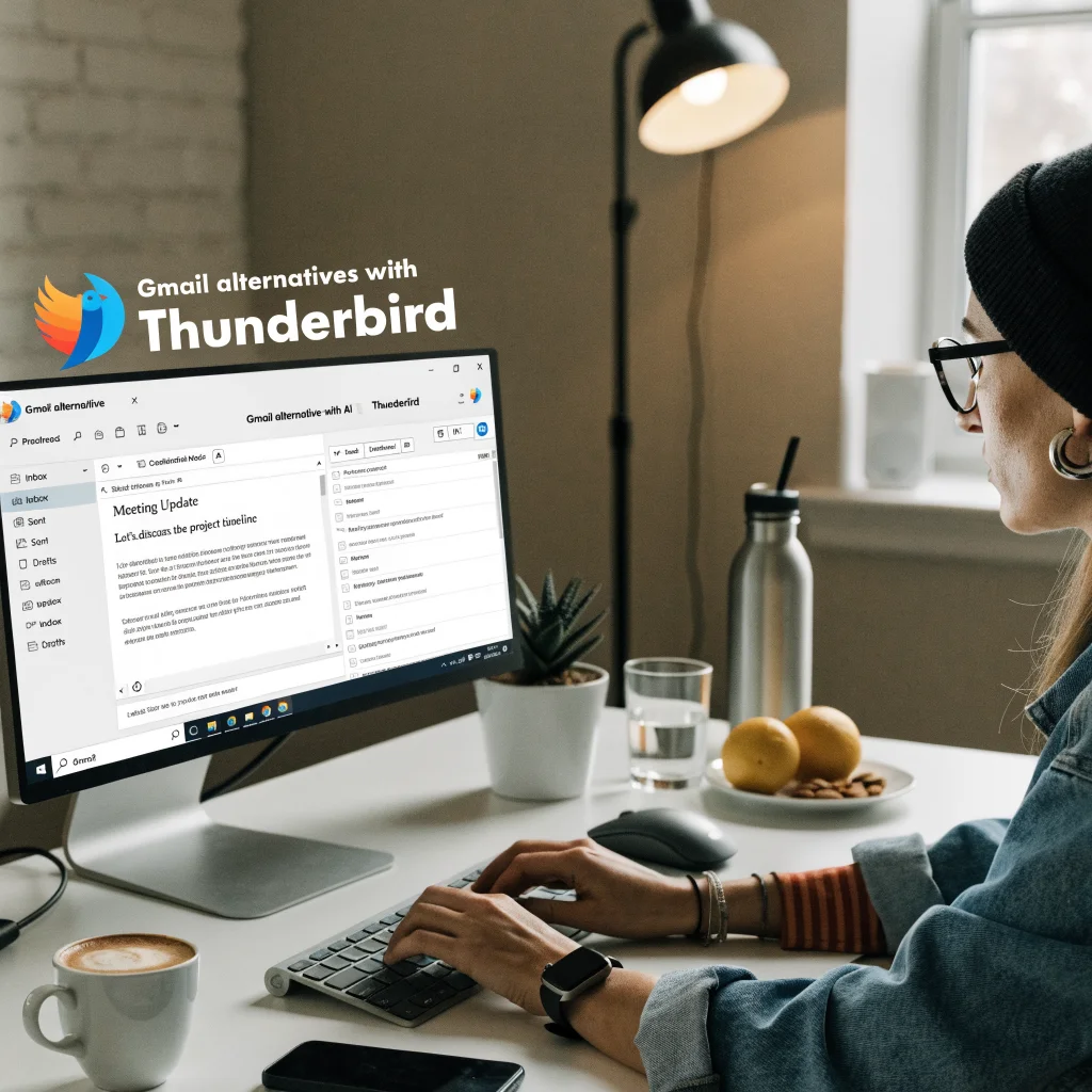 A realistic photo of a computer screen showing Thunderbird email client with features like Proofread, Confidential Mode, Undo Send, and AI interface, promoting Gmail alternatives.