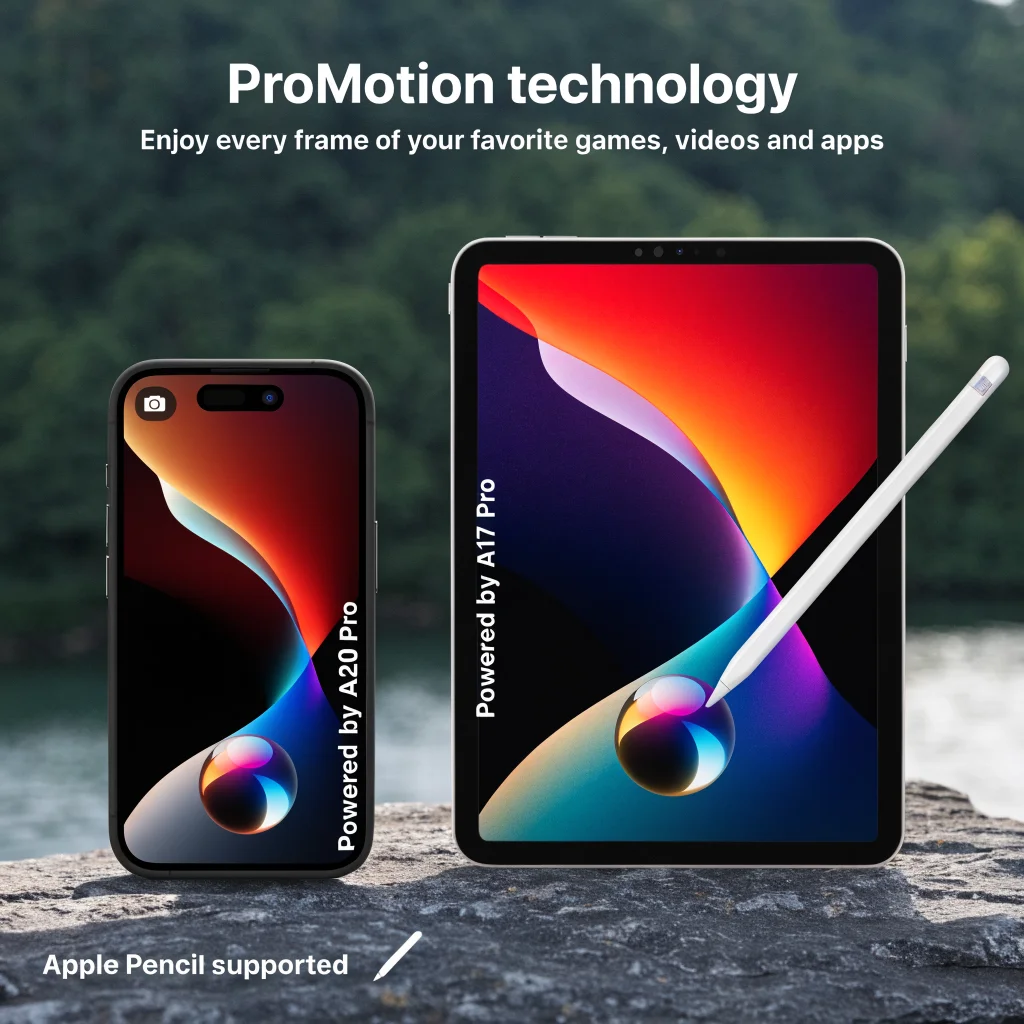 A side-by-side comparison photo of the iPhone Duo and iPad Mini displaying ProMotion screens, highlighting Apple’s A20 Pro and A17 Pro chips with Apple Pencil support.