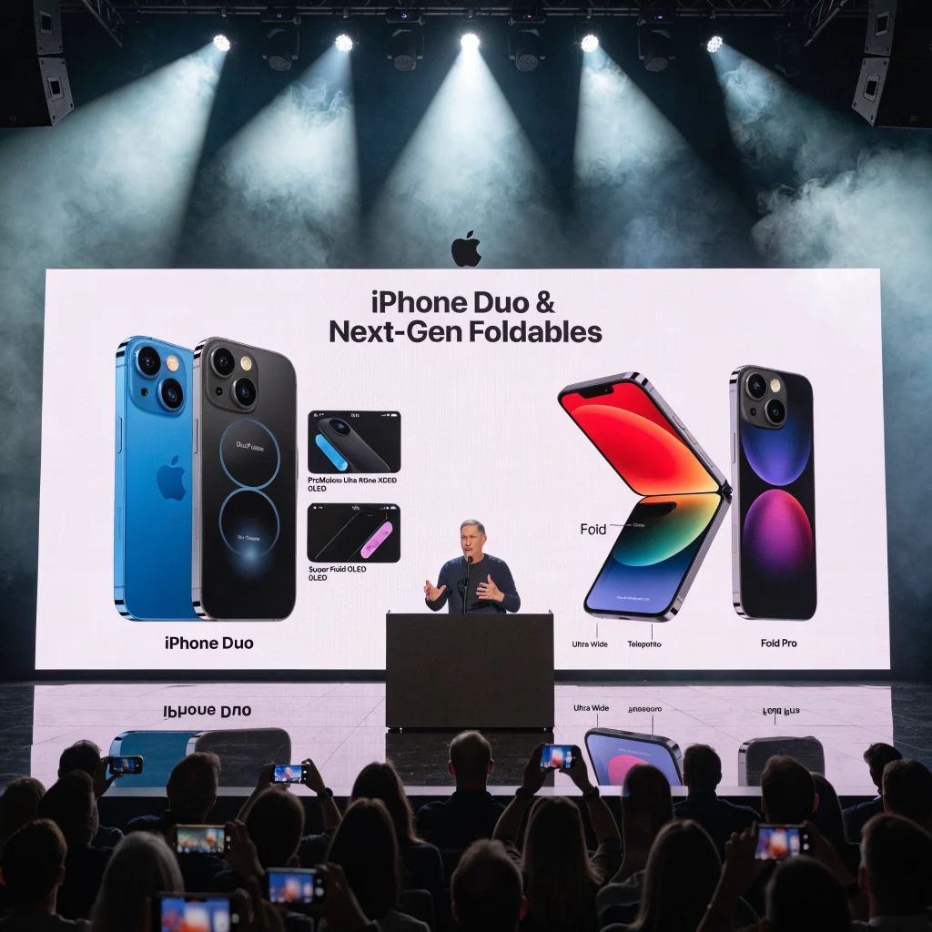 A realistic photo of an Apple CEO presenting the new iPhone Duo and foldable iPhone prototypes at a sleek product launch event.