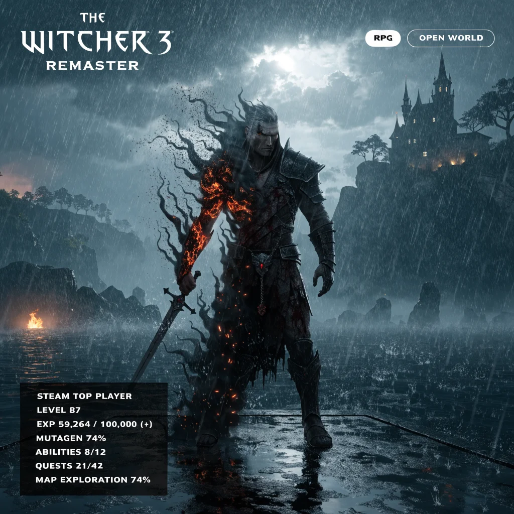 A realistic digital art image of Geralt from The Witcher 3 remaster showcasing his transformation with Steam top player statistics and RPG open-world elements.