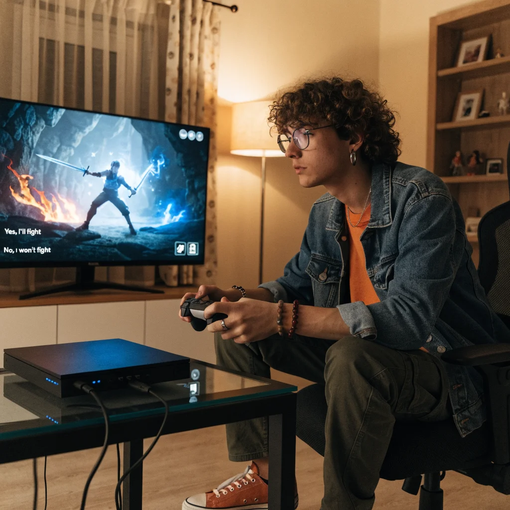 A realistic photo of a gamer intensely playing Fable RPG on a console, showing character combat and spellcasting on screen with dialogue choices visible.