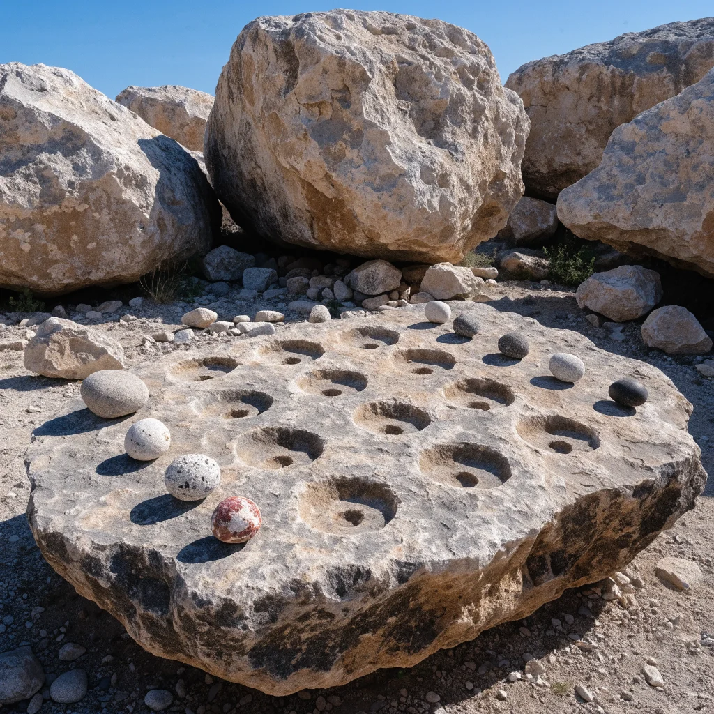 A realistic photo of an ancient Mancala board carved in stone, with archaeological artifacts from Jordan dated 6000 BC, showcasing strategic gameplay elements.