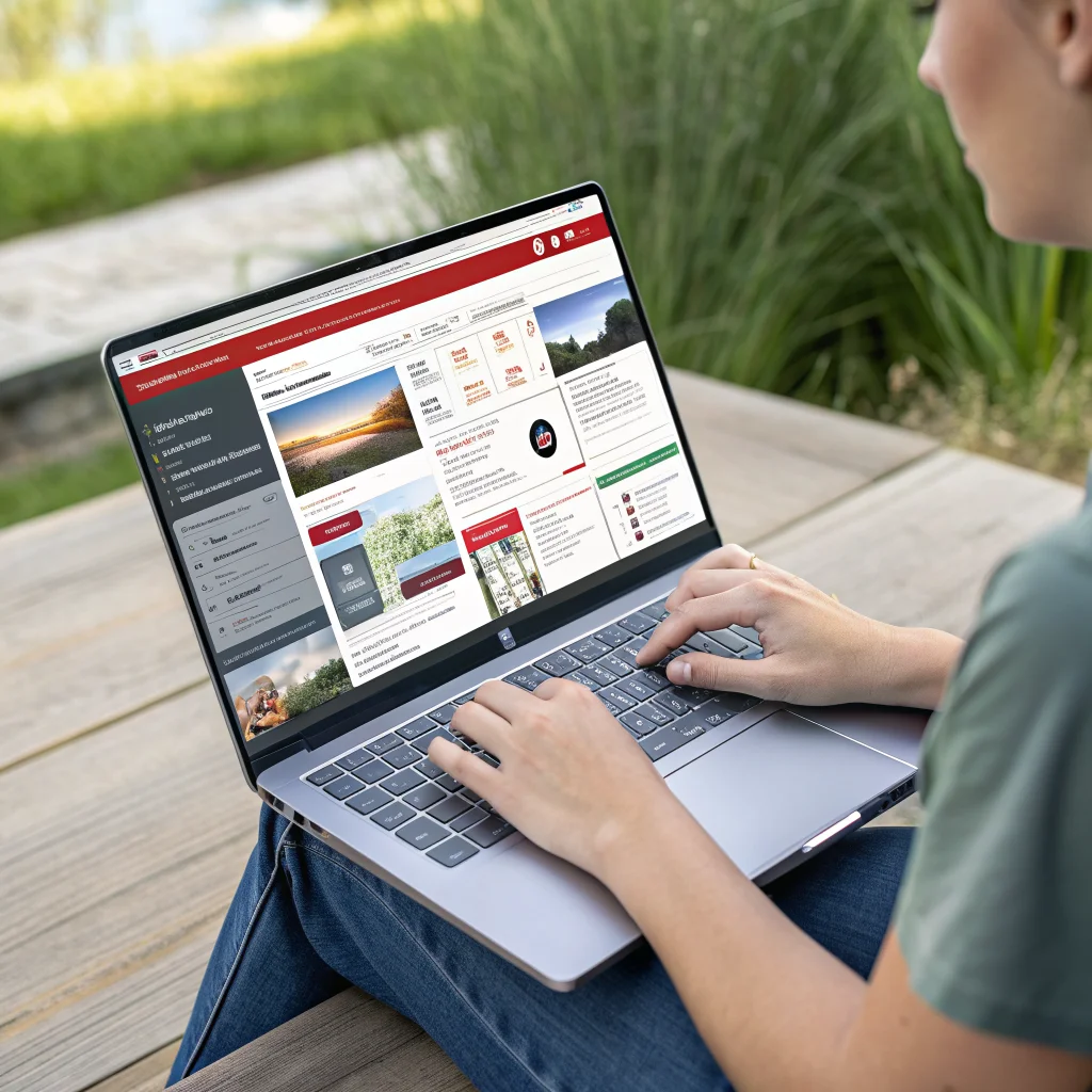 A realistic photo of a person using the Vivaldi browser on a laptop, showcasing privacy protection, ad blocking, tab management with Tab Stacks, mouse gestures, full-page screenshots, and Workspace organization features.