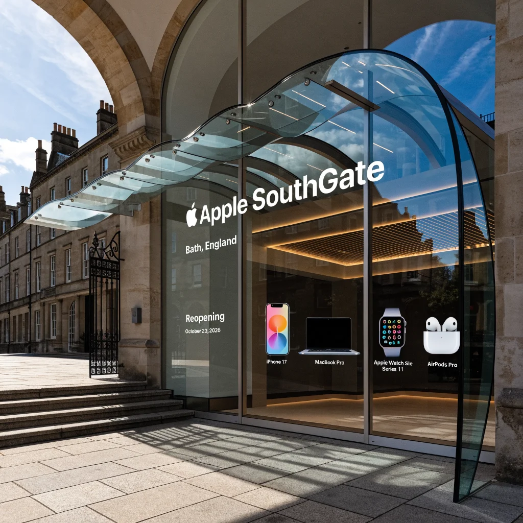 A renovated Apple SouthGate store in Bath, England, showcasing new products like iPhone 17, MacBook Pro, Apple Watch Series 11, and AirPods Pro reopening on October 23, 2026.