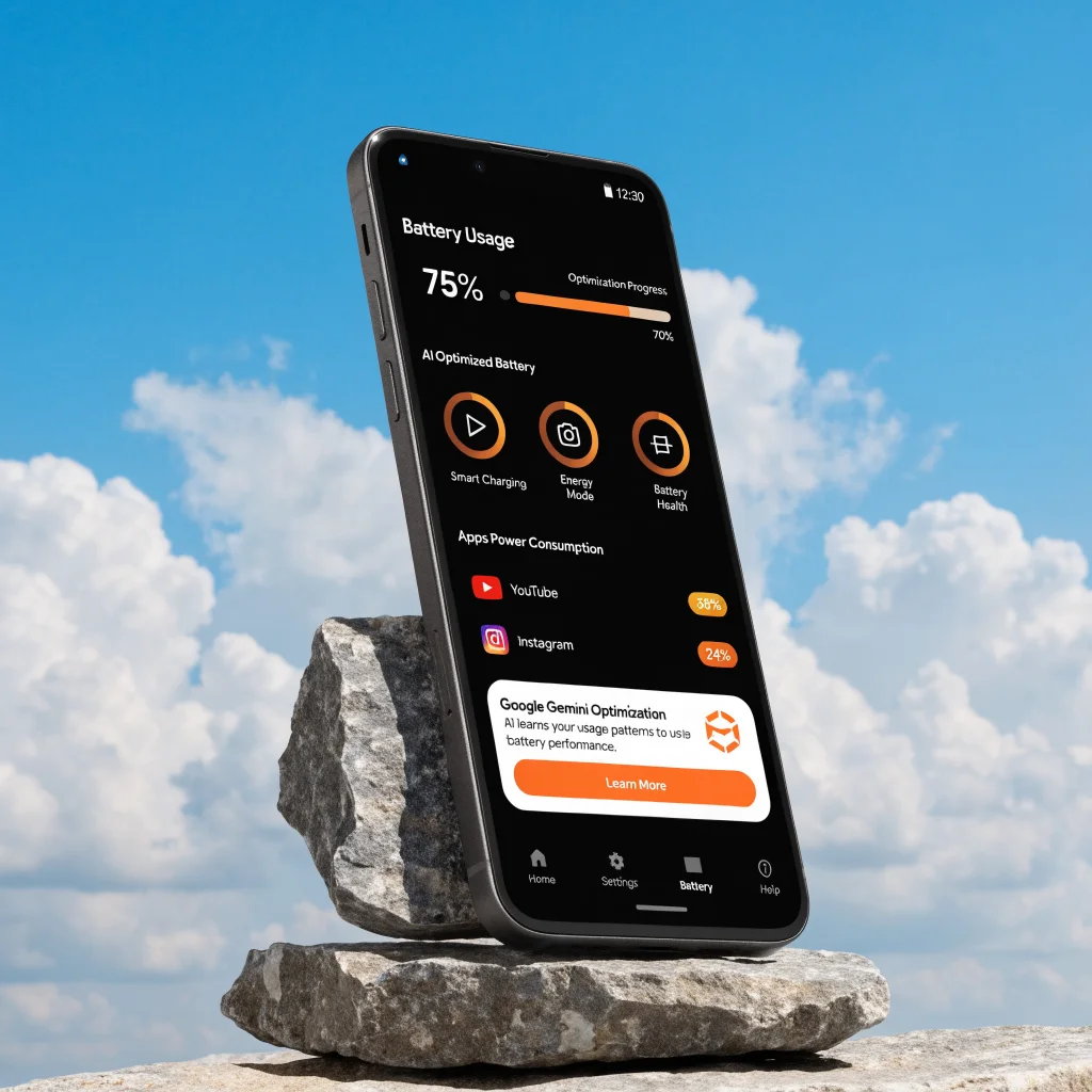 A realistic photo of a Google Pixel 11 Pro XL displaying battery usage analysis through Gemini Intelligence AI-powered battery optimization features on screen.