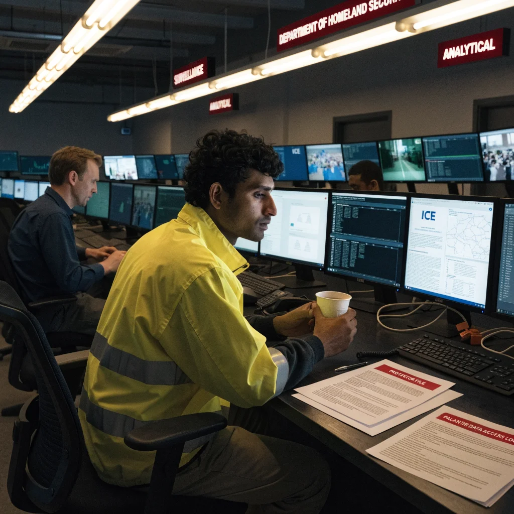 A realistic photo of government surveillance technology analyzing protester files related to ICE and Palantir within the Department of Homeland Security, emphasizing legal rights and suppression concerns.