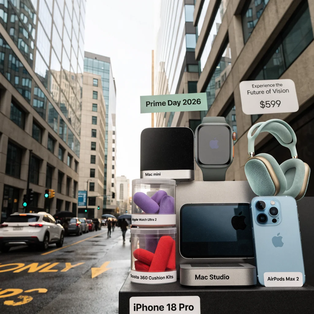 A close-up photo of Beats 360 Cushion Kits and Apple accessories displayed during Prime Day 2026 with Mac mini, Mac Studio, Apple Watch Ultra 4, iPhone 18 Pro, AirPods Max 2, and Apple Vision Pro promotional signs.