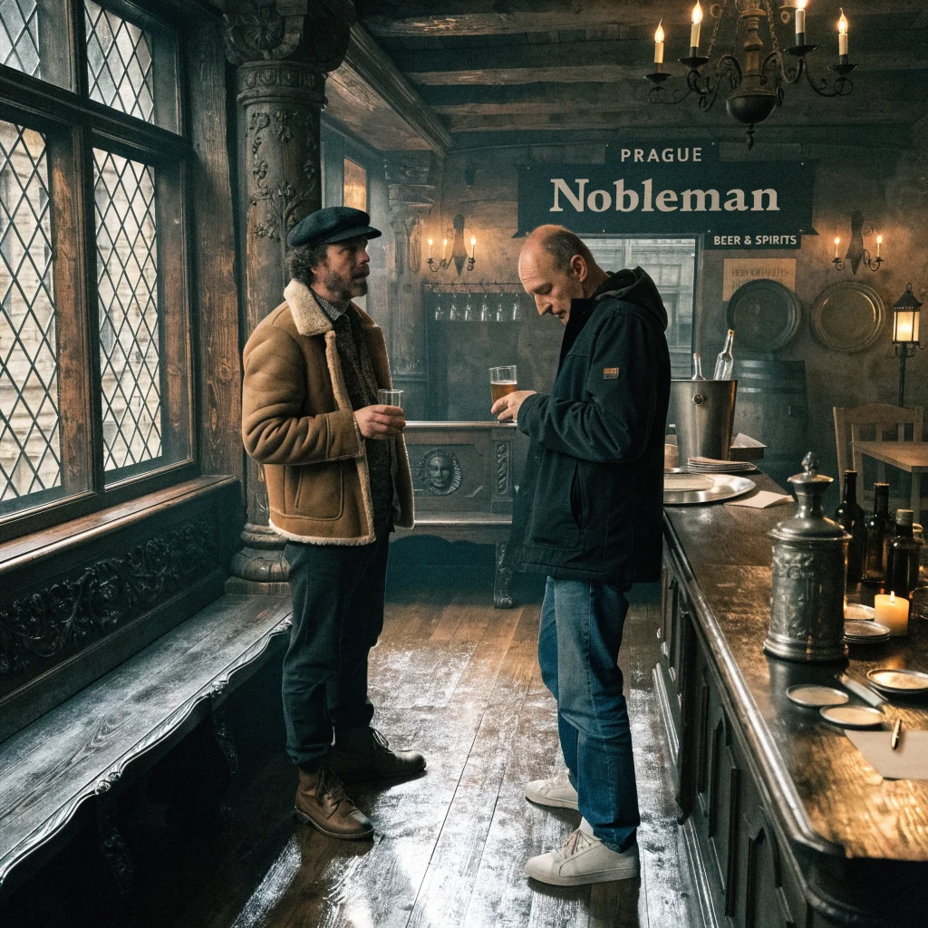 A realistic photo of Luke Daley and Hans Capon visiting the medieval Nobleman bar in Prague, showcasing an authentic medieval pub atmosphere by Warhorse Studios.