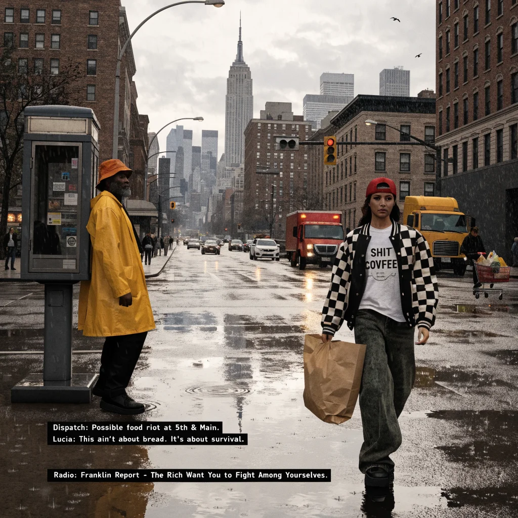 A realistic photo of GTA 6 characters including Lucia in an open world environment, showcasing political satire and social critique with dialogue and radio broadcasts.