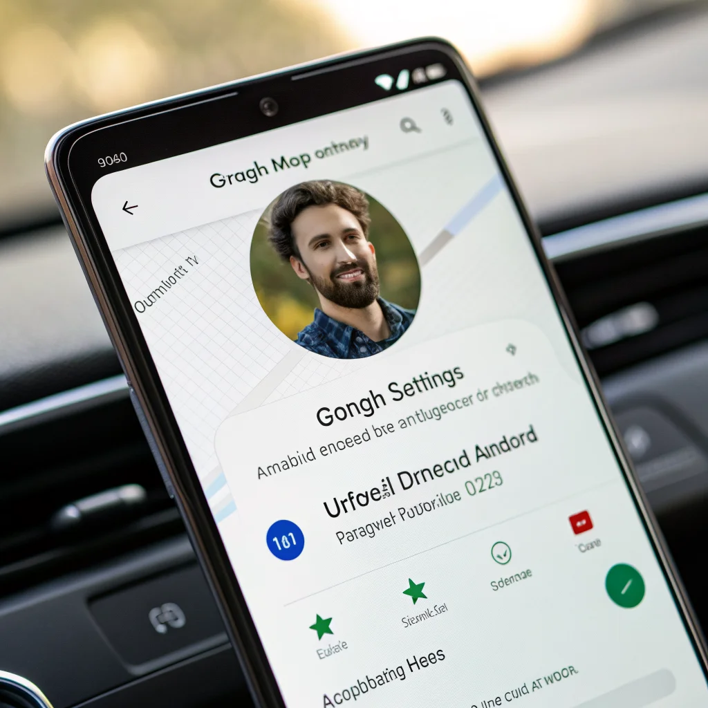 A close-up photo of a smartphone displaying Google Maps settings optimized for Android Auto navigation and personalized driving avatar.