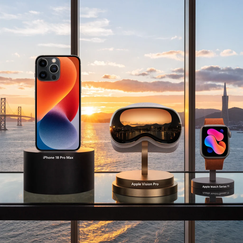 A realistic photo of the new iPhone 18 Pro Max displayed alongside Apple Vision Pro headset and Apple Watch Series 11 on a sleek Apple product showcase.