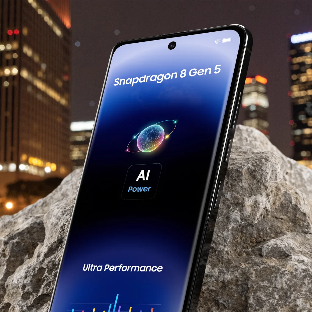 A close-up of a Galaxy S26 Ultra smartphone showcasing the Snapdragon 8 Gen 5 chip performance and AI features on its screen.
